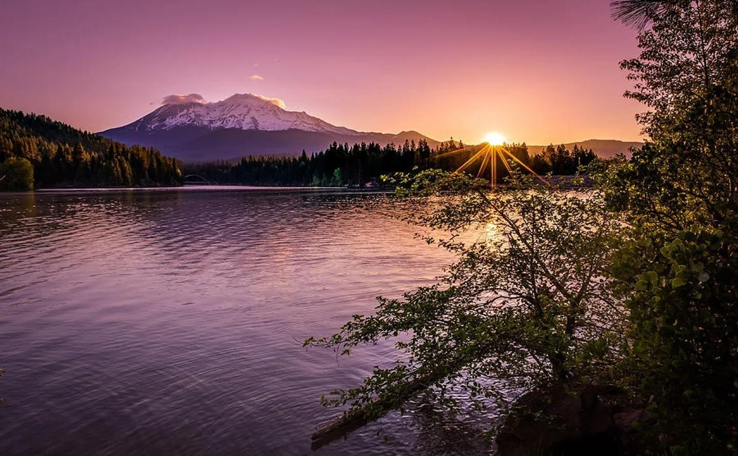 Sunset over the lake below Mount Shasta