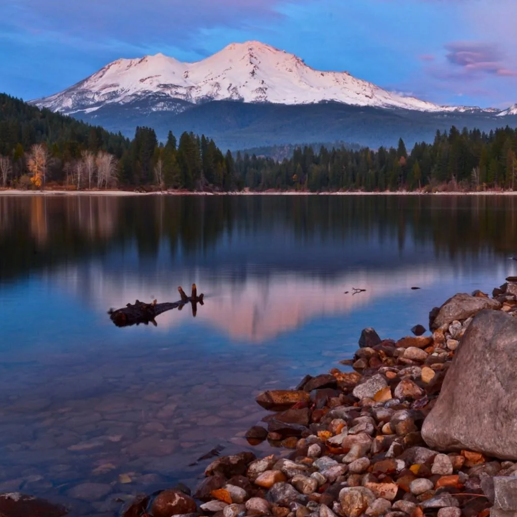 Mount Shasta under snow, reflected in a still lake