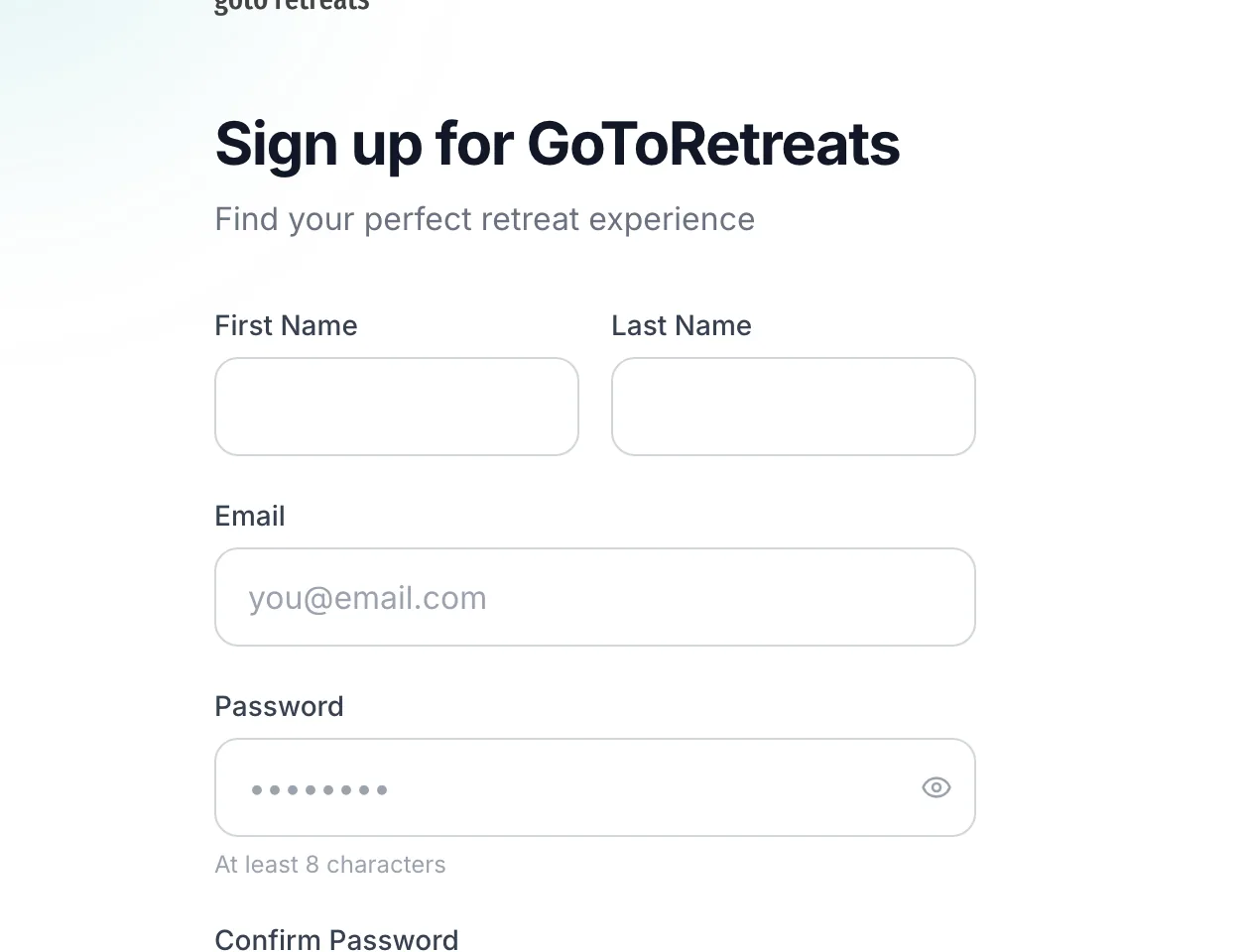 The sign-up form with name, email and password fields