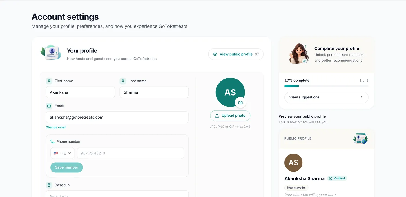 Account settings with the Your profile section